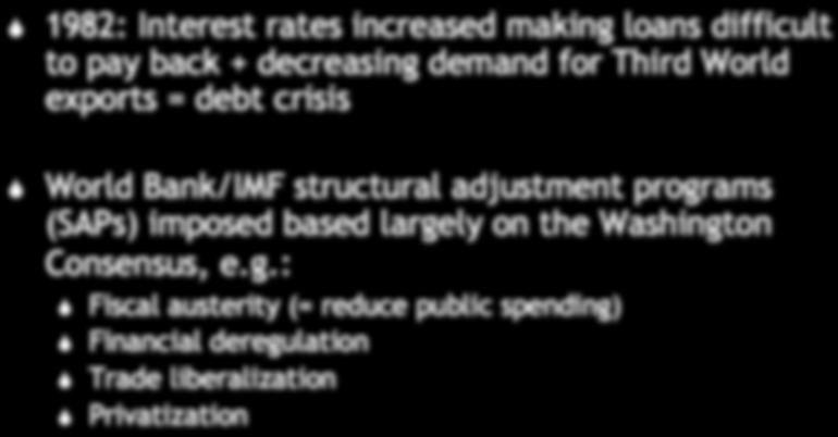 Neolibl backlash: 1980s 1982: Interest rates increased making loans