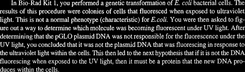 Lesson 1 Finding the Green Fluorescent Molecule Genetic Transformation Review In Bio-Rad Kit 1, you performed a genetic transformation of E. coli bacterial cells.