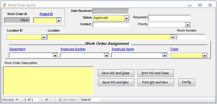 WO (Work Order) Quick The Work Order Quick Form is used primarily for quickly creating/generating work orders. It is not a good tool to manage existing work orders.