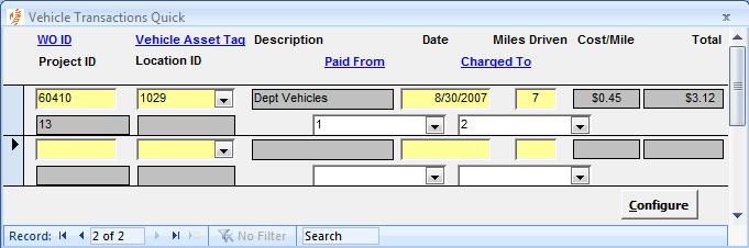 Vehicle Travel Transactions Like the Labor Transactions Quick form, the same can be done with Vehicle Travel Transactions. WO ID enter the Work Order ID you will be adding vehicle travel to.