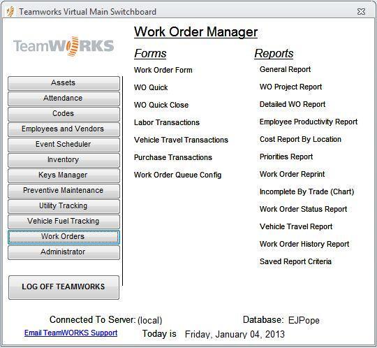 Work Order Manager TeamWORKS Work Order Manager is primarily used to fully manage work orders that are received either manually or by Remote Request.