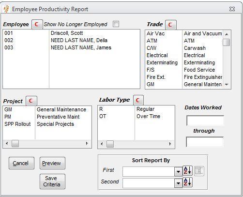 Employee Productivity Report This report will show labor transactions (not Assigned To) for any employee, department or