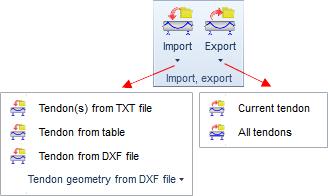 Figure 3.32: Tendon tools The geometry of the created tendon can be stored as a file. To run tendon export and import use the following commands in the Tools ribbon group.