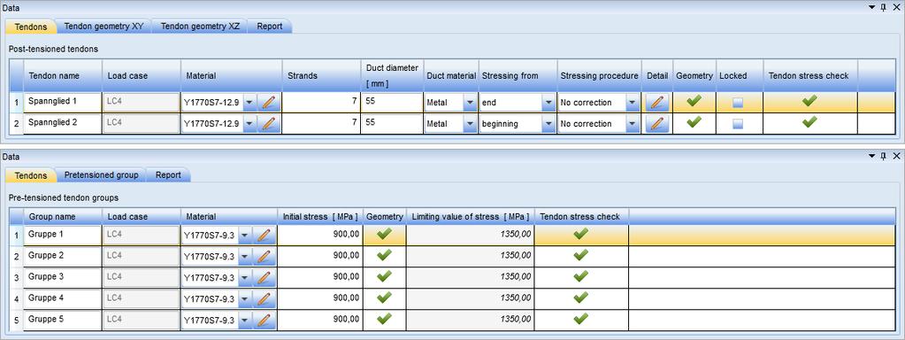 Tabs for tendons editing and textual presentation of equivalent loads are displayed in the Data window. Figure 3.