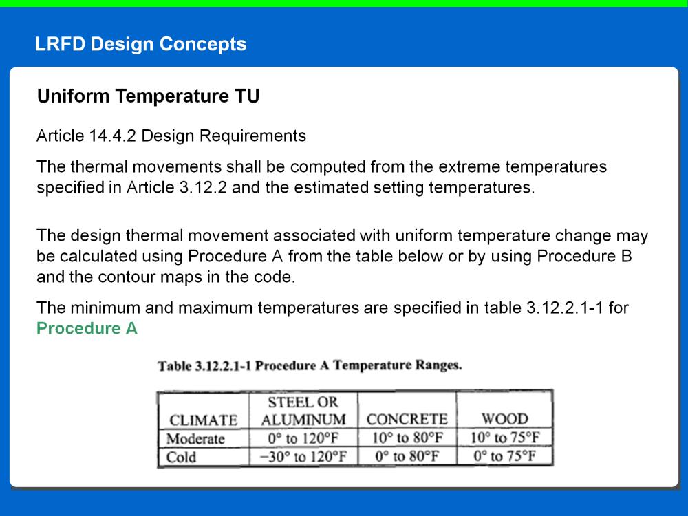 Article 14.4.2 provides Design Requirements for uniform temperature TU The thermal movements shall be computed from the extreme temperatures specified in Article 3.12.