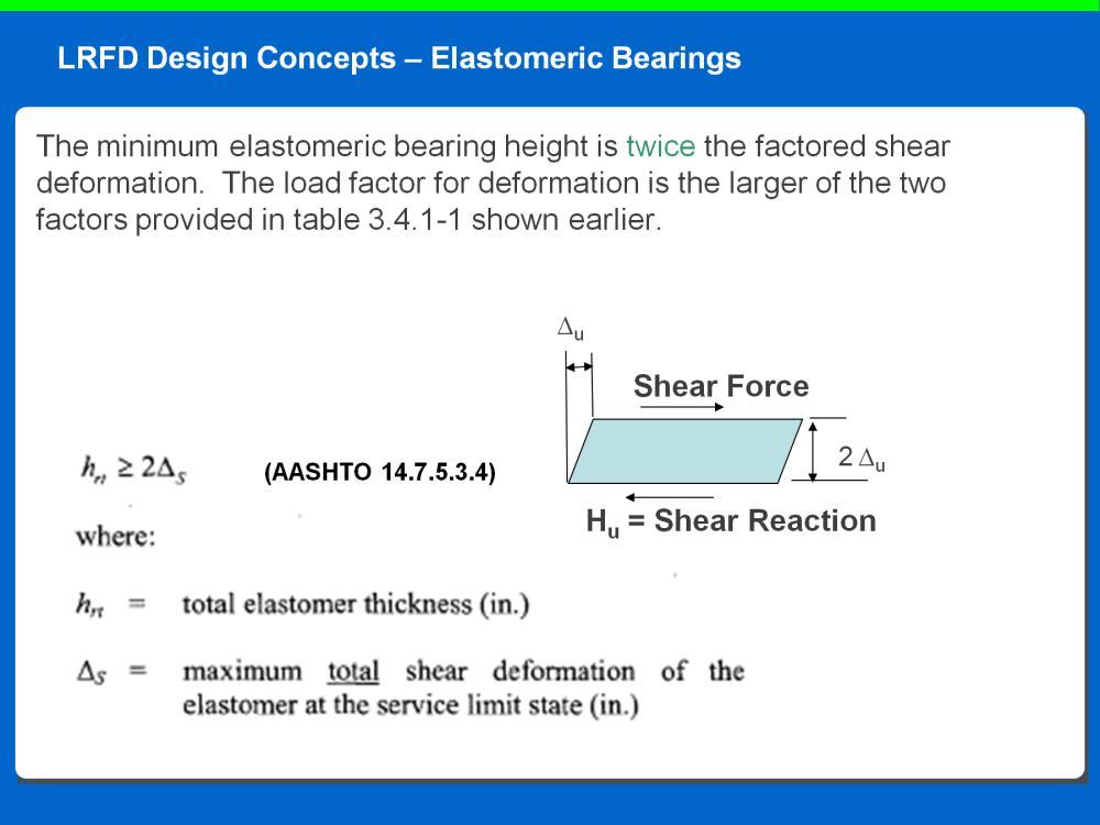 The minimum elastomeric bearing height is twice the factored shear deformation.