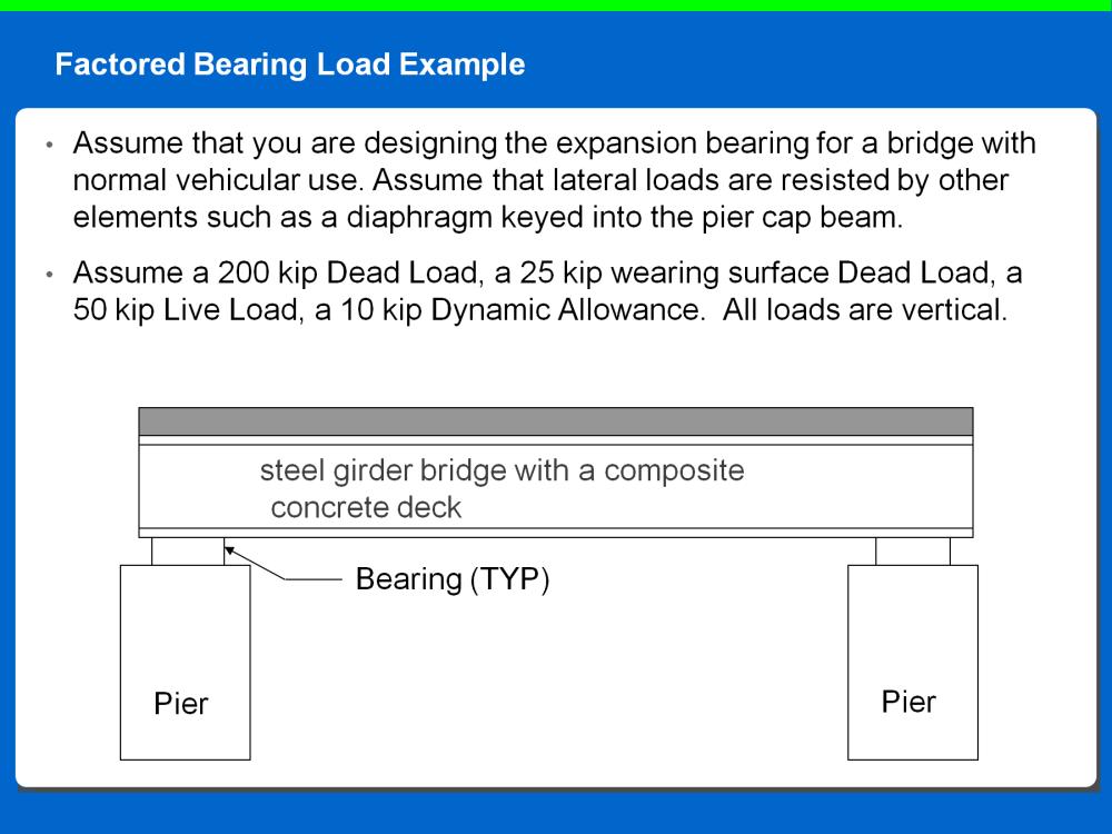 This is an example of how to apply the factors to loads. Assume that you are designing the expansion bearing for a bridge with normal vehicular use.