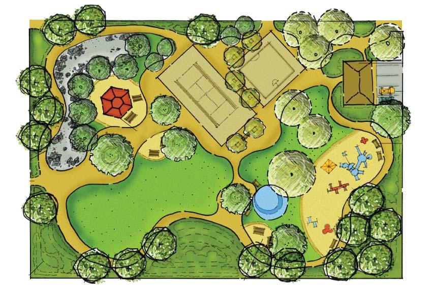 Bermed Earth with Vegetation Screen Wind Barrier Tree Picnic Area Turf Play Water Play Play Area 3rd Street Park Entry Boulder Garden Bench Gazebo Shade Tree Tennis Court Parking 1/2 Court Basketball