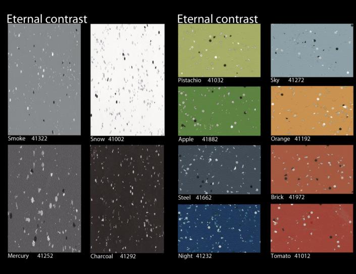 CONTRAST Completely new in the Forbo project vinyl offer. 12 coloured items, with a scattered graphic black and white element.