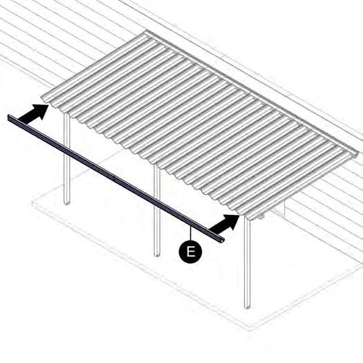 STEP 14 Position gutter (E) over the front of roof panels (G) with an equal amount of overhang on both ends.