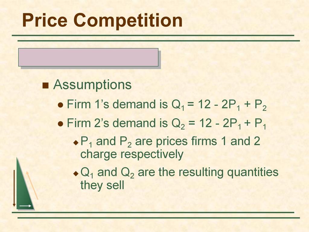Price Competition Differentiated Products Assumptions Firm 1 s demand is Q 1 = 12-2P 1 + P 2 Firm 2 s demand is Q 2 = 12-2P 1 + P