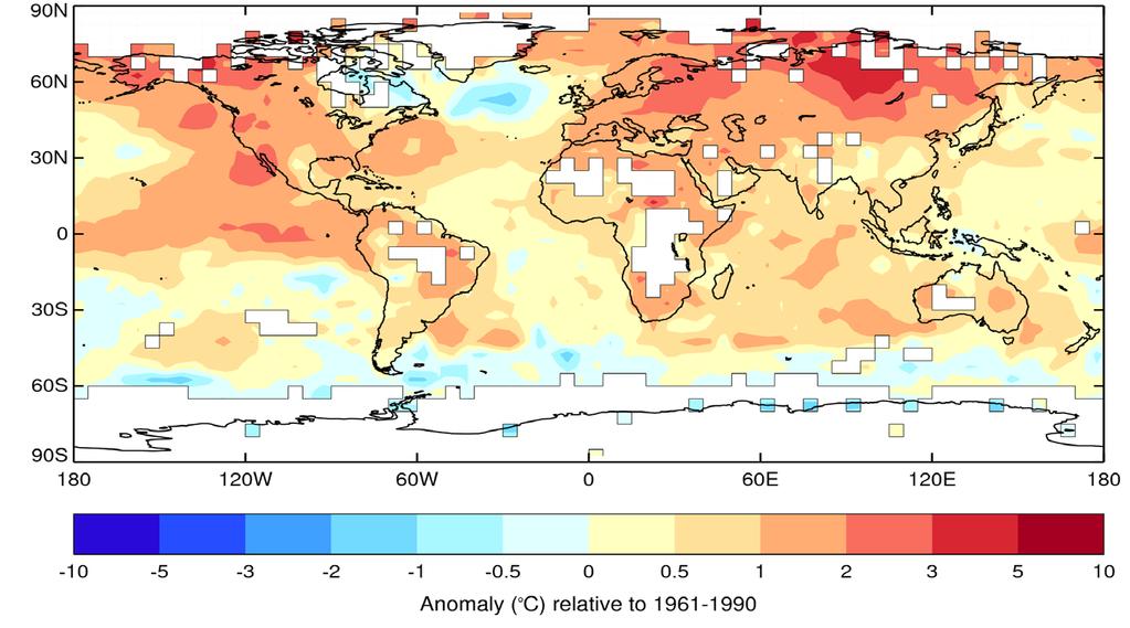 Global surface temperature anomalies (2015) mainly based in-situ data.