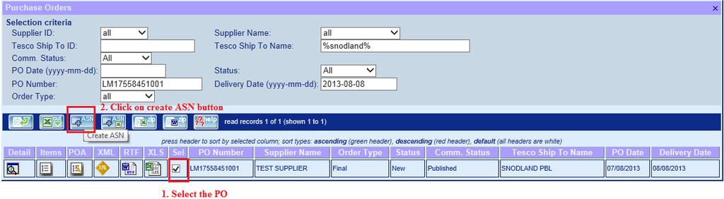 2. Creating ASN with one Purchase order Select the Purchase