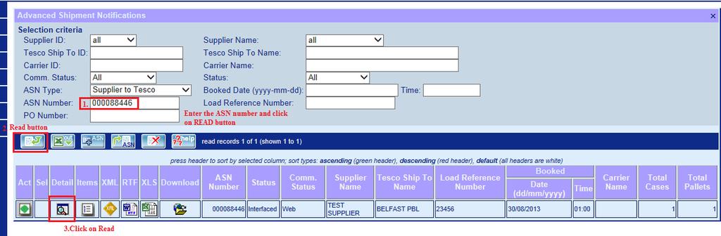 2. Select ASN type supplier to Tesco or Supplier to consolidator from the drop down. a.