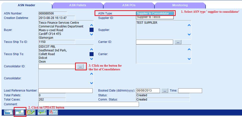 4. (1) Select ASN type Supplier to Consolidator (2) Click on UPDATE button.