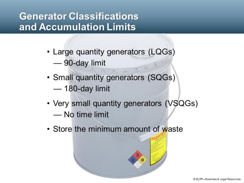 A large quantity generator (LQG) may generate 1,000 kilograms (kg), or 2,200 pounds (lb), or more of nonacute hazardous waste, or more than 1 kg, or 2.
