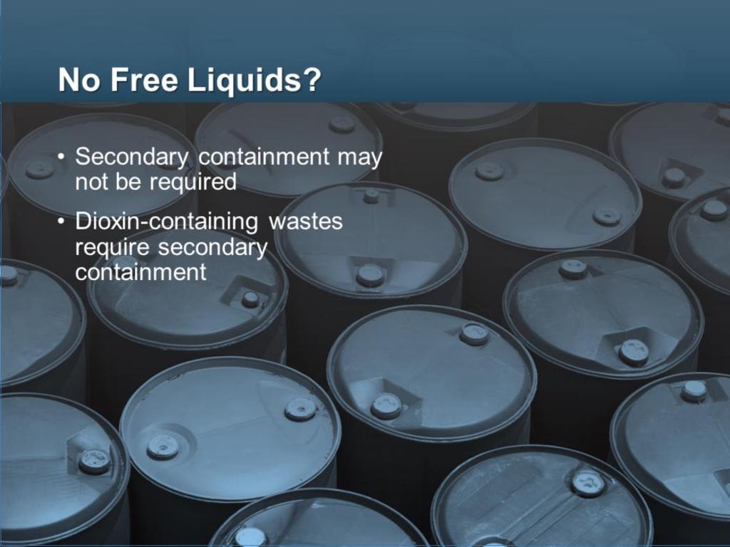 Permitted treatment, storage, and disposal facility storage areas holding containers with no free liquids are not required to have secondary containment systems provided that the storage area is