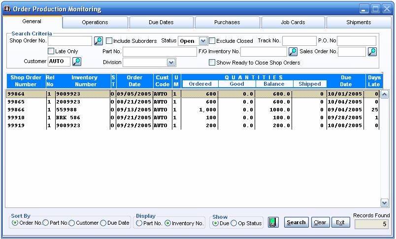 Figure 4b.47 Order Production Monitoring Menu Selection Left click on the fourth menu heading labeled Orders Select Shop Order Production Monitoring from the drop down list. Shortcut: toolbar.