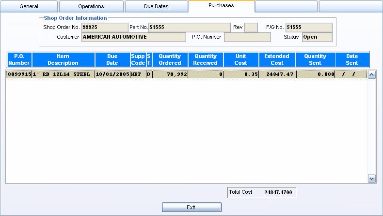 Purchases Tab The Purchases Tab lists any associated purchase orders for the selected Shop Order record.