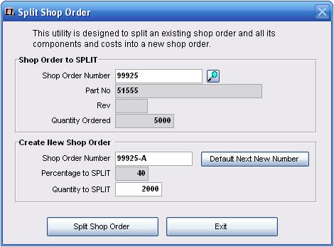 SPLIT SHOP ORDER This utility is designed to split an existing shop order, including all components and costs into a new shop order number.