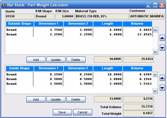 Part Weight Calculator The Part Weight Calculator is used to compute revised part weights when stock is removed from the outside and or inside of the bar.