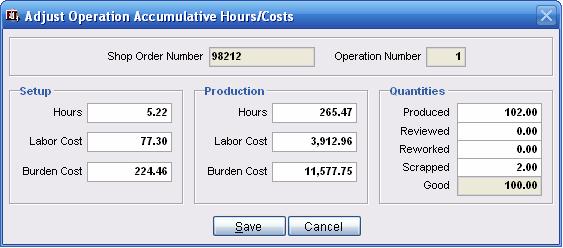 Adjust Operation Accumulative Hours/Costs The Adjust Operation Accumulative Hour/Costs worksheet displays the combined postings of Job Cards against this operation.