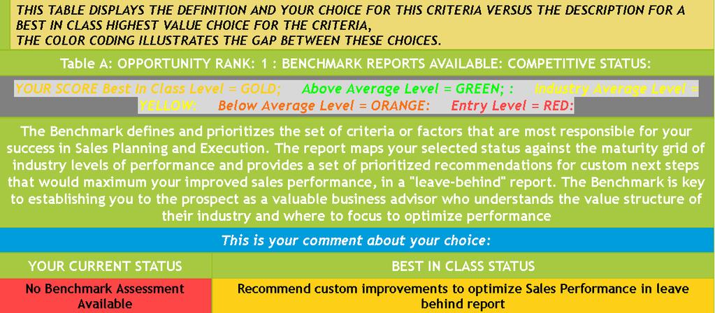 13 TABLE B displays: VALUE RANK: the prioritized value rank from the most important (1) to the least important (10), based on the IMPROVE POTENTIAL; YOUR SCORE: Based on the Maturity Grid selection,