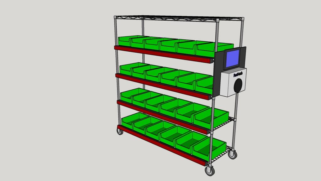 barcode scanner, and lighted numerical displays beneath each cart location. All of the carts have 24 locations (either totes or shipping cartons) for storing picked items.