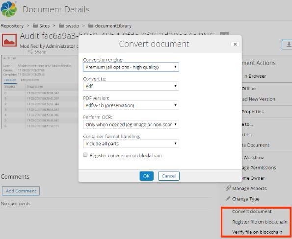 Conversion to PDF/A standard So, for archiving, a common use case is to enhance Alfresco with functions that allows conversion of documents to the PDF/A format.