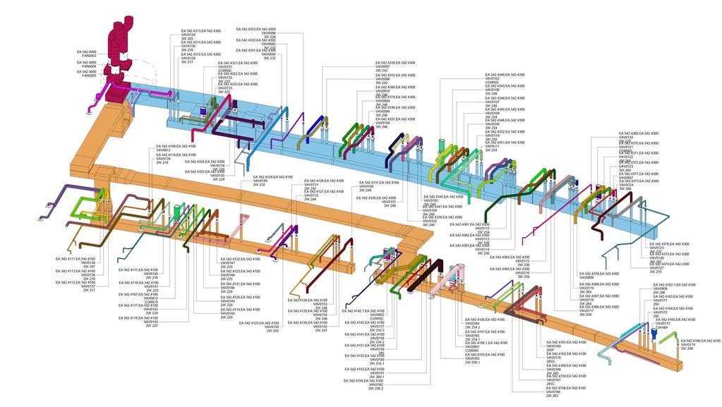 Howard Hughes Medical Institute Visualization Information Having the Exhaust System in BIM, separated into colored subsystems (subsystem 100 is