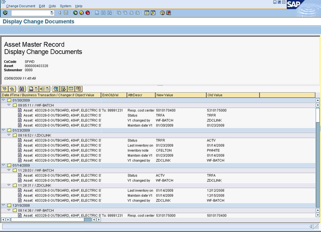 SAP Asset Change Record Overview WF-Batch & ZDCLink indicate