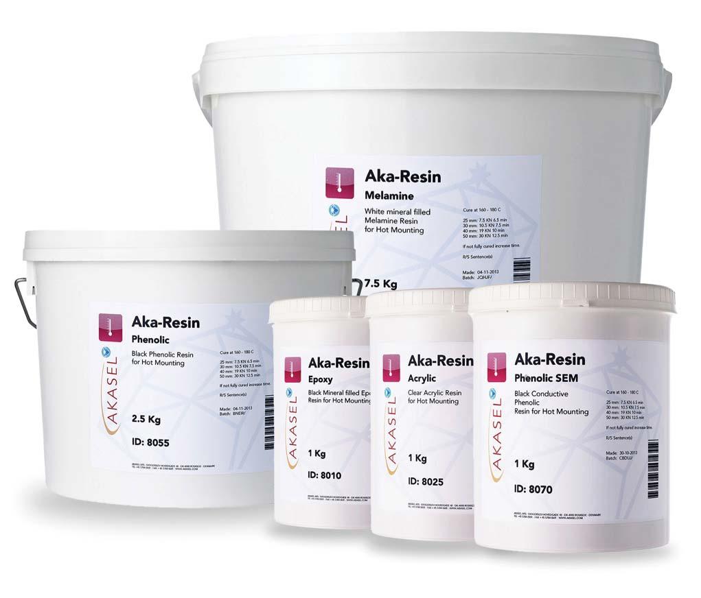 www.akasel.com Catalog 2018 Page 15 Hot Mounting Hot mounting resins are single compounds for use in mounting presses.