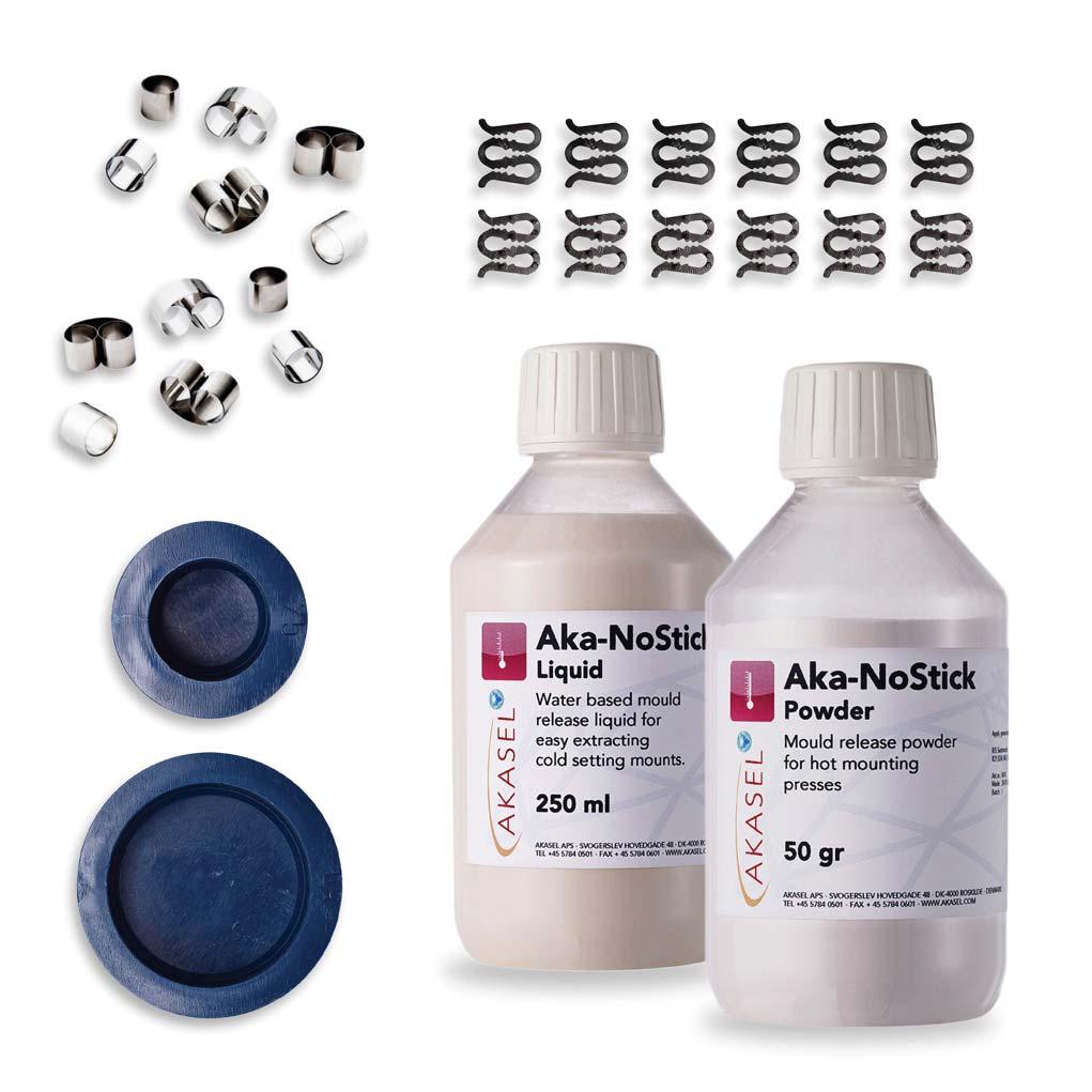 www.akasel.com Catalog 2018 Page 17 Accessories for mounting Here you find a range of accessories for Cold and Hot Mounting. Moulds for all types of cold mounting resins.