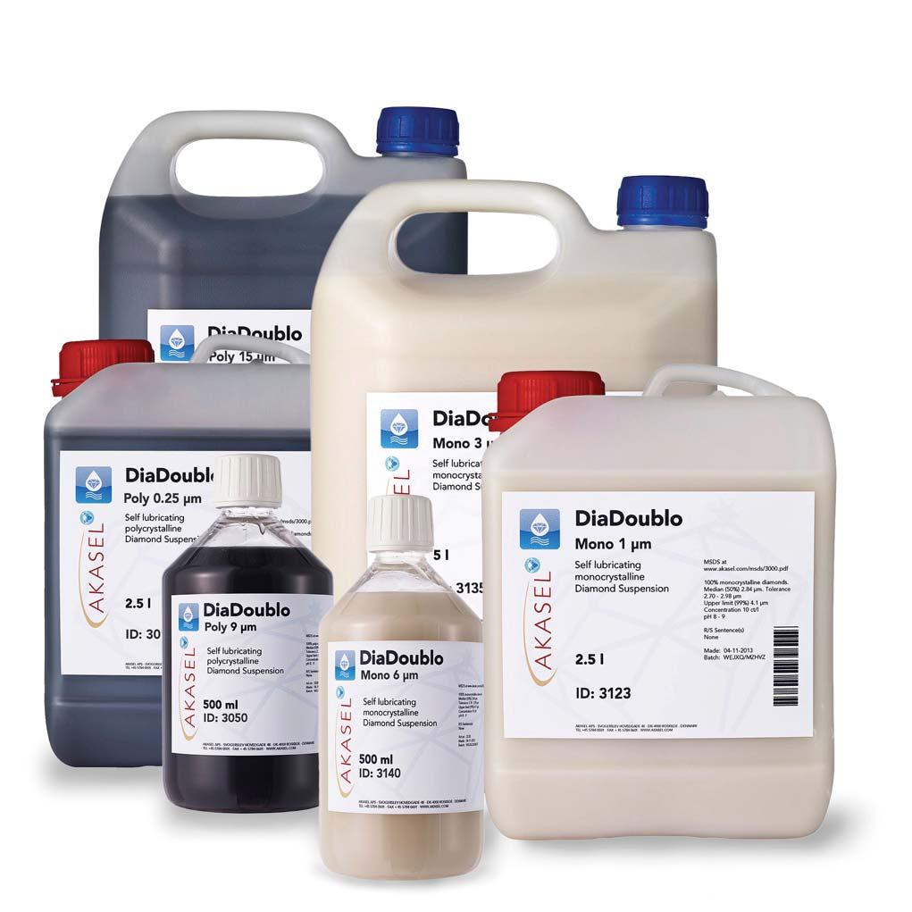 www.akasel.com Catalog 2018 Page 47 DiaDoublo DiaDoublo is a ready mix of lubricant and suspension, it is permanently stable and thus ensures reproducible results.