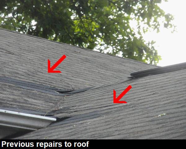 Several repairs were noted to the roof where the upper and lower roofs meet.