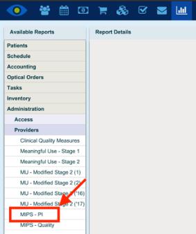 Promoting Interoperability The MIPS-PI scorecard can be found through Reports > Administration > Providers > MIPS PI: The MIPS-PI scorecard header looks like this: Field Provider(s) Function Allows