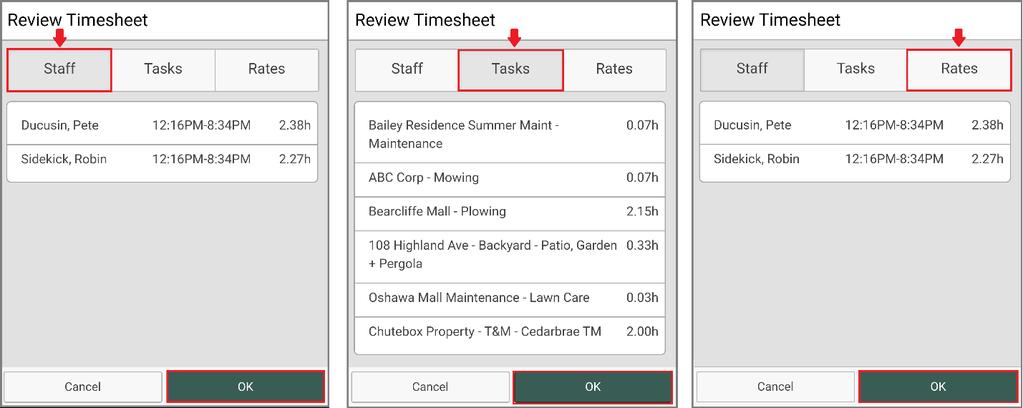 Review Timesheet. You can view a summary of the hours logged by Staff, Tasks, or Rates (if applicable).