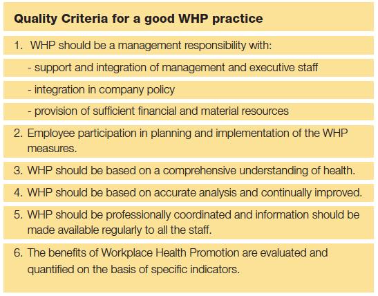 Quality criteria success factors 1st Initiative (1997-1998) Successful WHP depends on good quality practical implementation Identification of