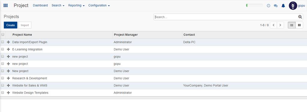 Now if you take the project option from the configuration menu, then you get to see all the project happening along with the assigned project managers and contact.