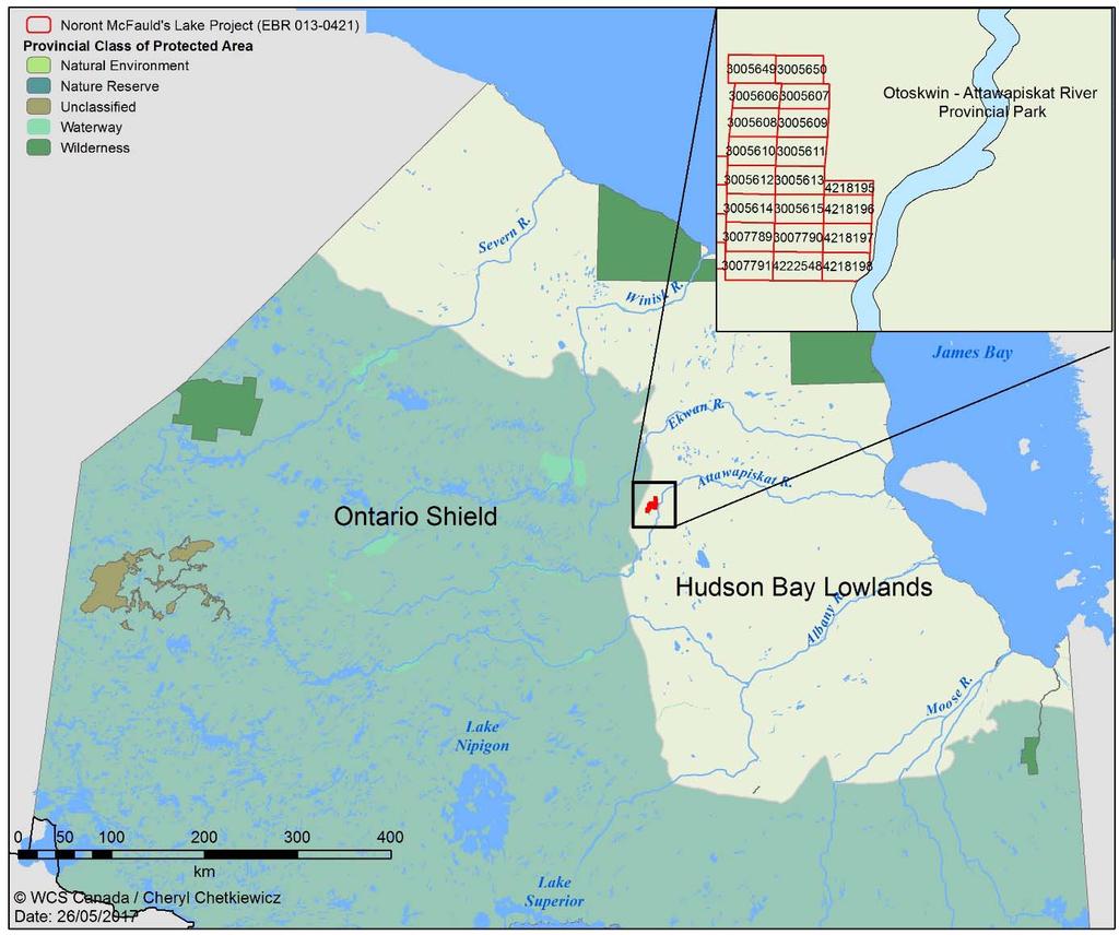 9 Figure 5. Proximity of claims to Otoskwin Attawapiskat River Provincial Park (waterway class).