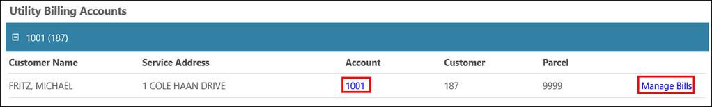 2.5 Utility Billing Accounts The Utility Billing linked accounts group displays the customer s name, service address, account number, customer number, and parcel number.