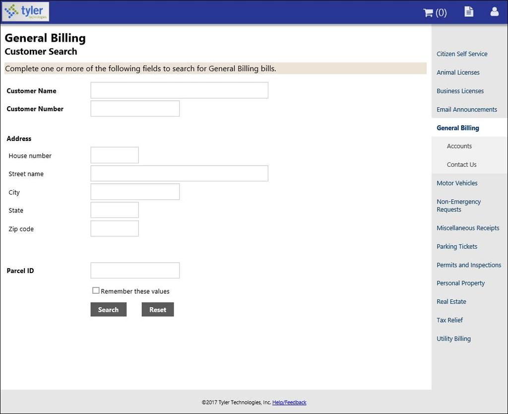 Search for General Billing bills by entering the customer name, customer number, or address information.