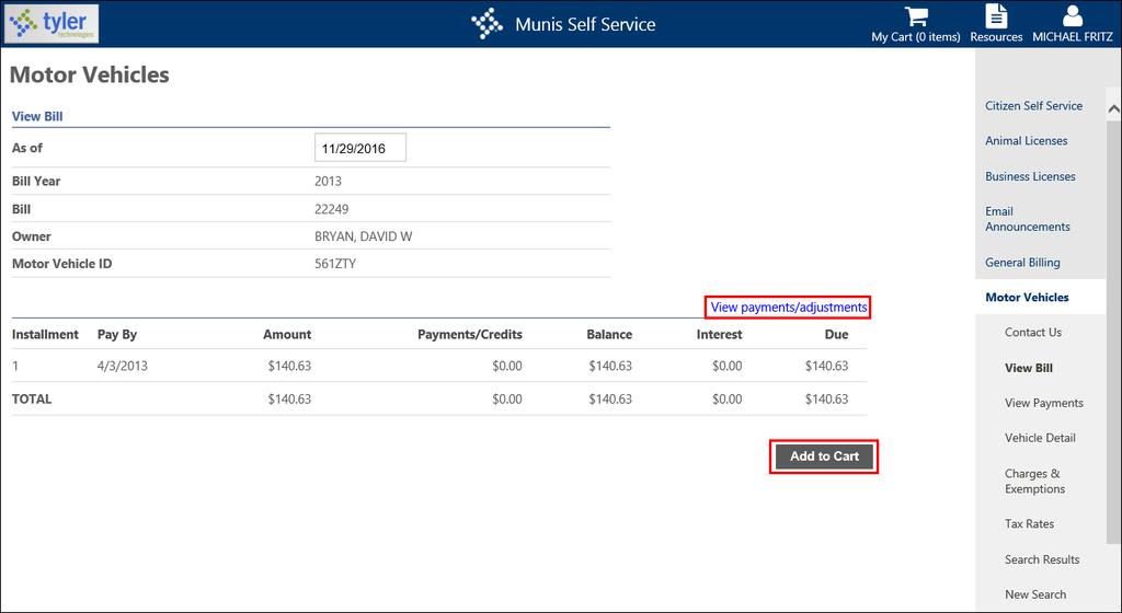 2.4.2 Payments The View Payments/Adjustments option displays any payments or adjustments that have been applied to the bill.