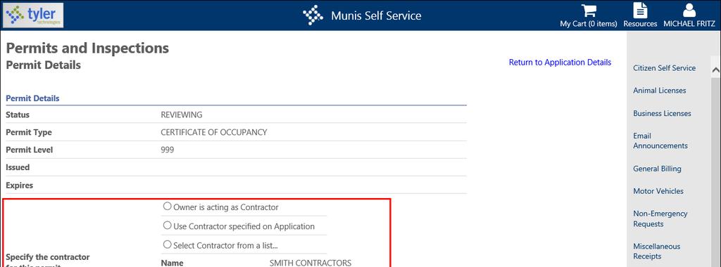 When you click Edit, the page refreshes to provide the Specify the Contractor for this Permit fields.