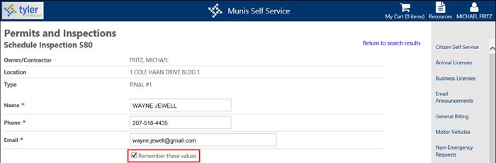 When you have completed the fields, click Schedule. The Remember These Values checkbox allows for the contact information to be saved.