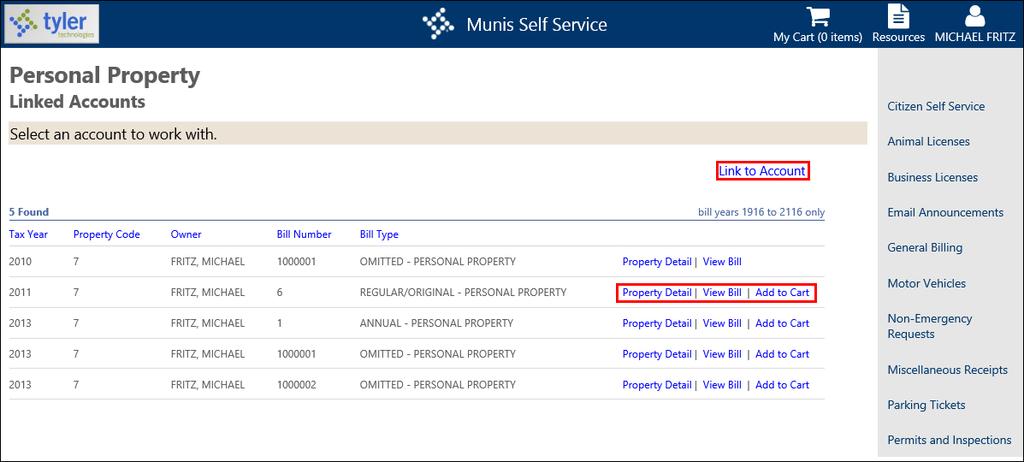 2.9.3 Linked Accounts When you click Accounts in the Personal Property menu, you can view linked accounts where you are able to access the property detail or submit a tax filing