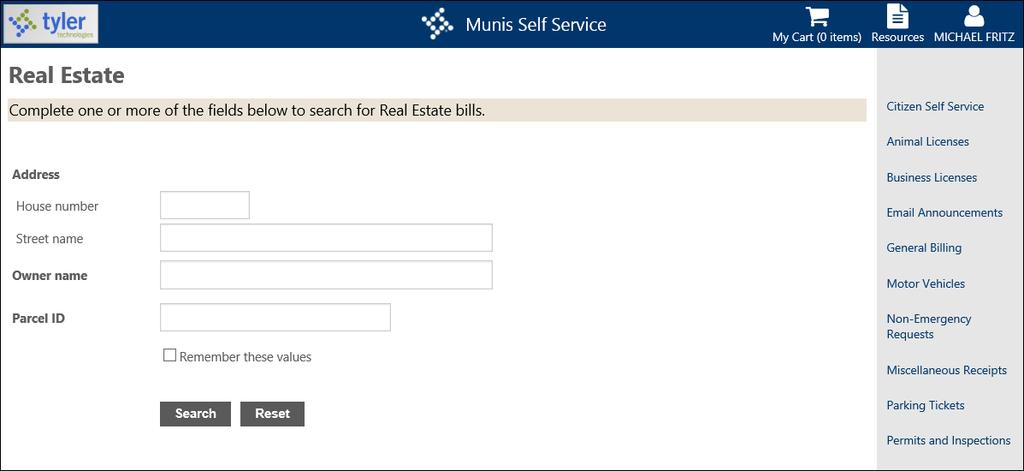 2.10 REAL ESTATE PROPERTY TAXES The Real Estate Property Taxes module provides search capabilities for real estate bills by the tax year and the exact parcel ID, owner name, or address number and