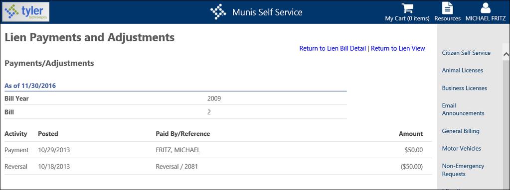 The View Payments/Adjustments option displays the Lien Payments and Adjustments page where all payments and adjustments to the lien bill display. 2.