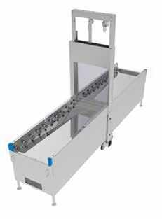 side). A drip pan is located underneath the rollers. The conveyor can be detached for maintenance purposes. A terminal box is located as standard under the roller conveyor on the unclean side.