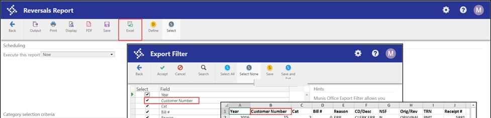 Assess Late Fees, Payments Report, Reversals Report, Detail Receivables by Date Jira Number: MUN-229065 Purpose: To include the customer number in the Excel export file.